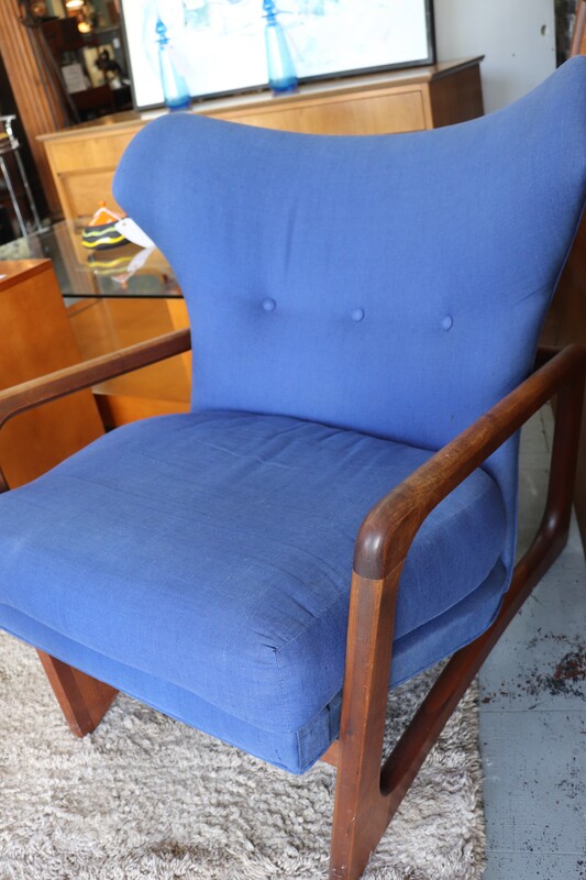 Adrian pearsall vintage mid century chair with walnut wood arms and legs and perfection condition blue fabric