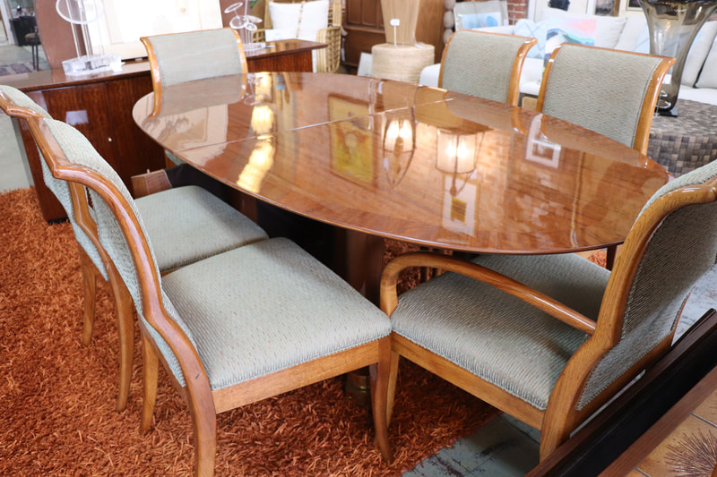 Henredon French Empire Pedestal Extension Dining Table in Exotic Brazilian Daniella Wood with 8 chairs and a matching sideboard in the same exotic brazil wood